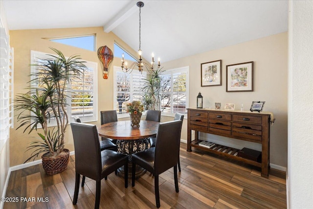 dining area featuring lofted ceiling with beams, dark hardwood / wood-style floors, and an inviting chandelier