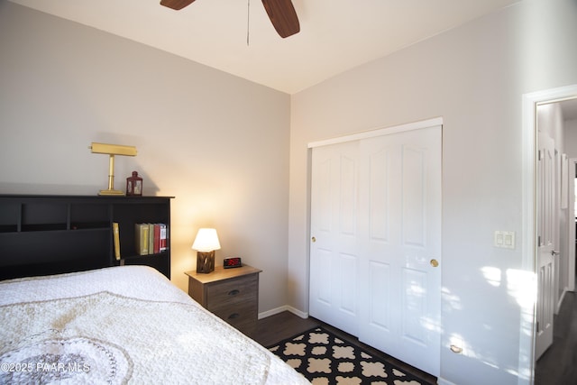 5882 N Gallery Ln, Prescott Valley, AZ 86314 - bedroom featuring dark hardwood / wood-style floors, a closet, and ceiling fan