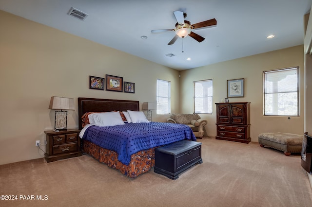 bedroom with carpet, ceiling fan, and recessed lighting