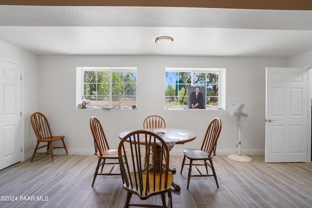 dining room with light hardwood / wood-style floors and a textured ceiling