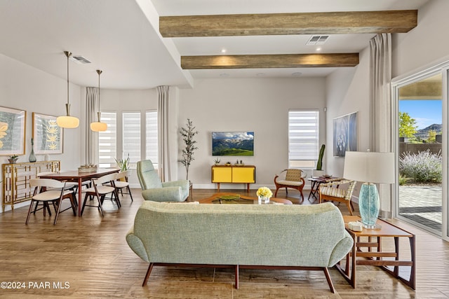 living room with beamed ceiling, hardwood / wood-style flooring, and plenty of natural light