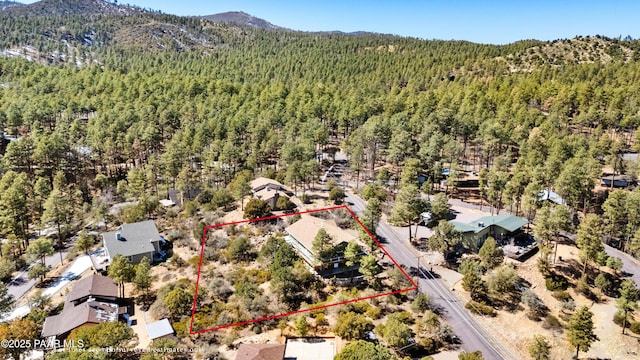 birds eye view of property with a mountain view and a wooded view