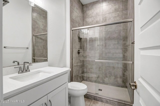 3263 Iron King Cir, Prescott, AZ 86301 - bathroom featuring a shower stall, toilet, vanity, and tile patterned flooring