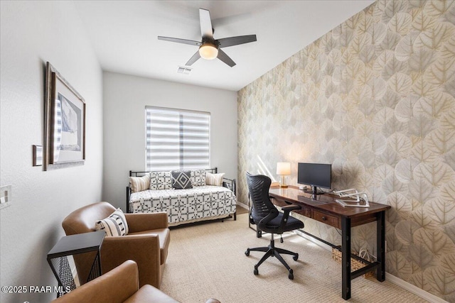 office with ceiling fan and carpet