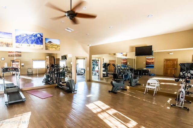 exercise room featuring wood-type flooring, high vaulted ceiling, and ceiling fan