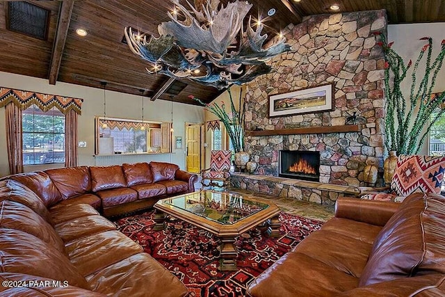 living room with a fireplace, beam ceiling, high vaulted ceiling, and wood ceiling