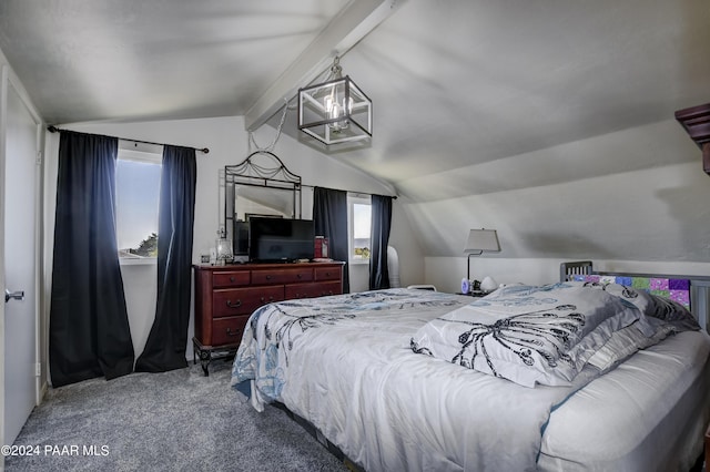 carpeted bedroom featuring lofted ceiling with beams