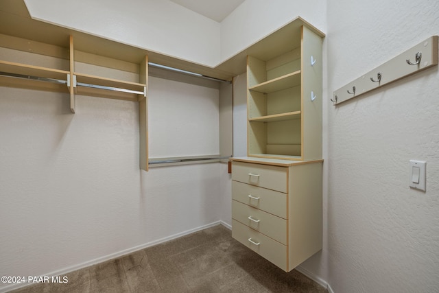 walk in closet featuring dark colored carpet