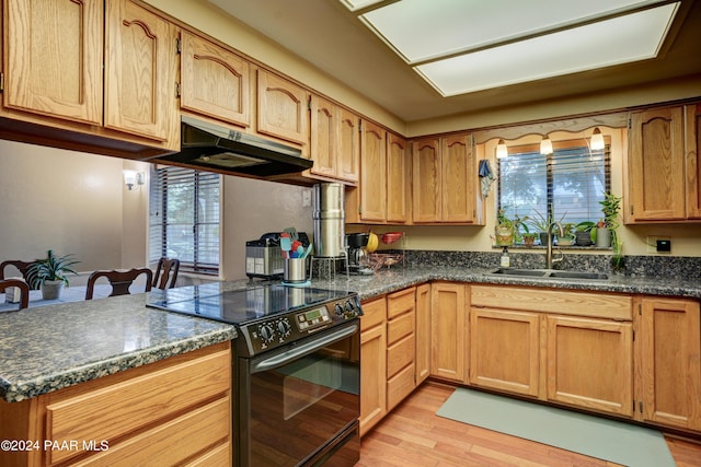 kitchen with sink, light hardwood / wood-style flooring, dark stone countertops, black / electric stove, and kitchen peninsula