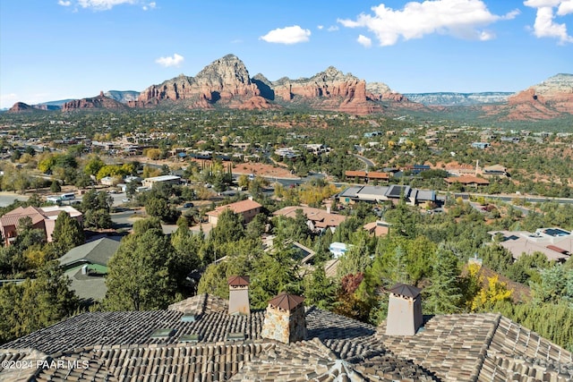 drone / aerial view featuring a mountain view