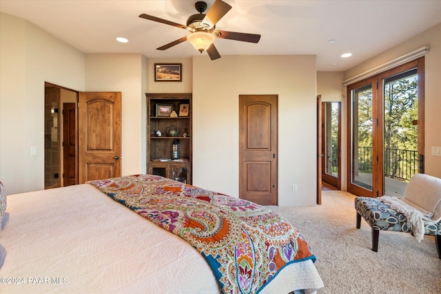 bedroom with access to outside, ceiling fan, and carpet flooring