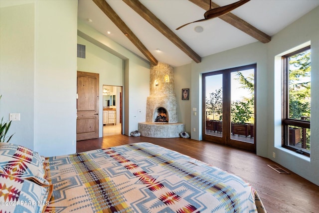 bedroom featuring access to outside, ceiling fan, beam ceiling, high vaulted ceiling, and connected bathroom