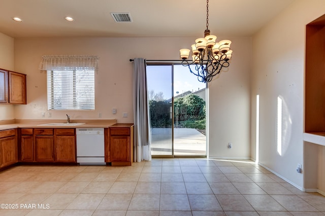 kitchen featuring light tile patterned floors, decorative light fixtures, dishwasher, a chandelier, and sink