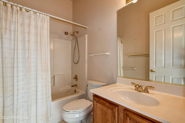 full bathroom featuring toilet, vanity, and shower / bath combination with curtain