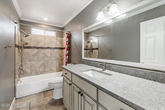 full bathroom with vanity, shower / bathtub combination with curtain, ornamental molding, toilet, and a textured wall