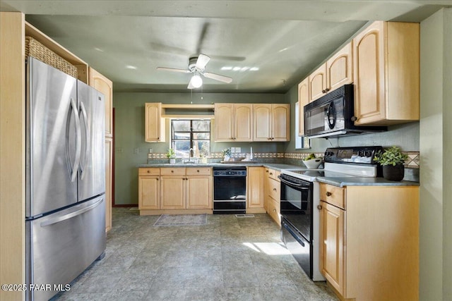 kitchen with light brown cabinetry, sink, black appliances, and ceiling fan