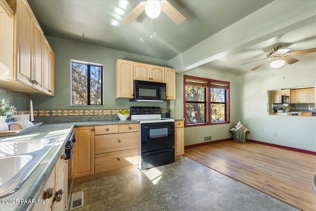 kitchen with dishwasher, electric range oven, ceiling fan, and light brown cabinetry