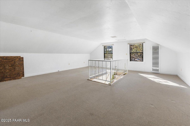 additional living space featuring lofted ceiling, carpet floors, and a textured ceiling