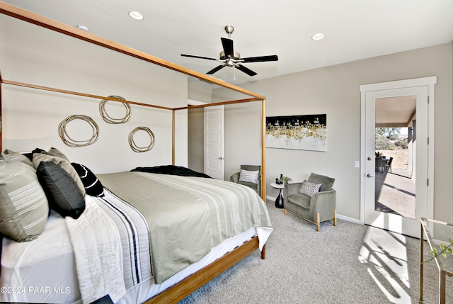 bedroom with recessed lighting, a closet, carpet, ceiling fan, and baseboards