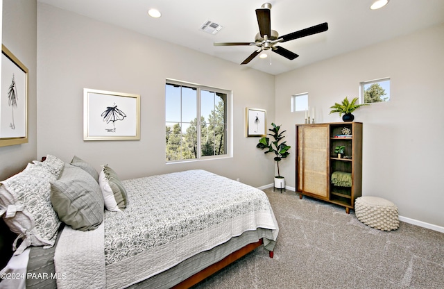 bedroom featuring recessed lighting, carpet, ceiling fan, baseboards, and visible vents