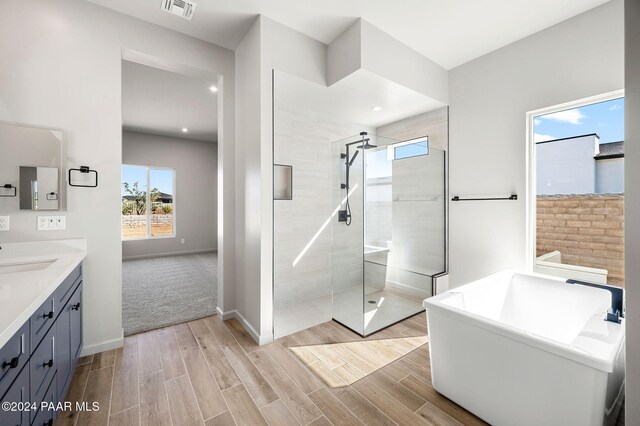 bathroom featuring vanity and shower with separate bathtub