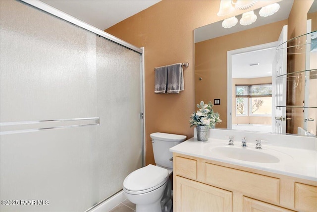 full bathroom featuring visible vents, vanity, toilet, and a shower stall