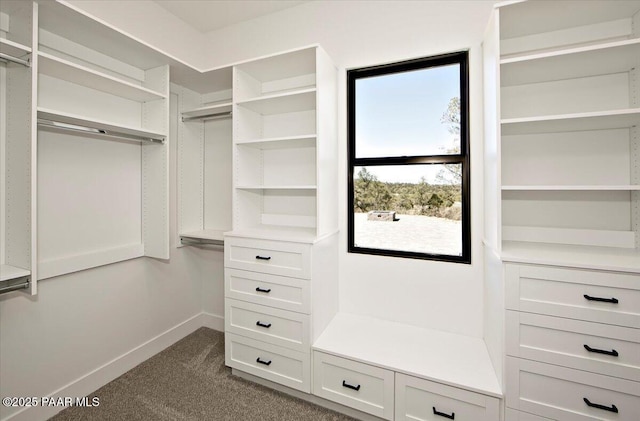 walk in closet featuring dark colored carpet