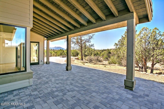 view of patio with a mountain view