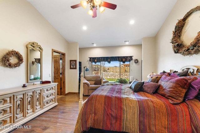 bedroom with visible vents, wood finished floors, recessed lighting, ceiling fan, and vaulted ceiling
