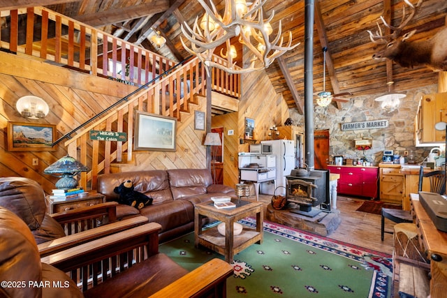 4555 E Combination Ln, Prescott, AZ 86303 - living room with wooden ceiling, a wood stove, a chandelier, wood walls, and high vaulted ceiling