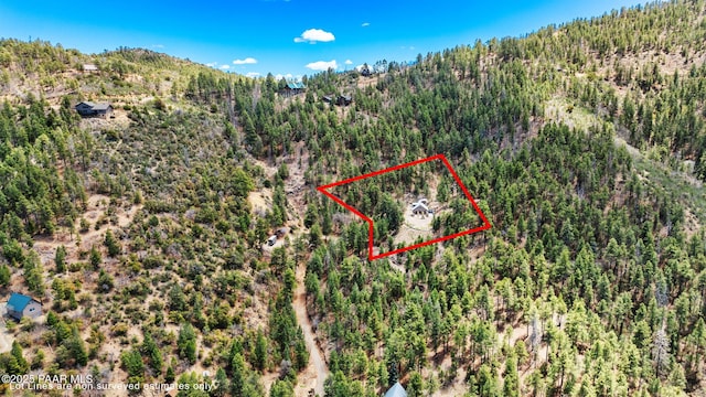 4555 E Combination Ln, Prescott, AZ 86303 - aerial view of property and surrounding area featuring a heavily wooded area, property boundaries highlighted, and a mountainous background
