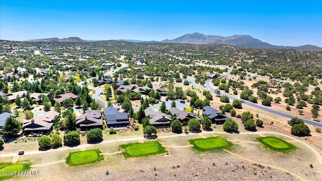 bird's eye view with a mountain view, a residential view, and view of golf course