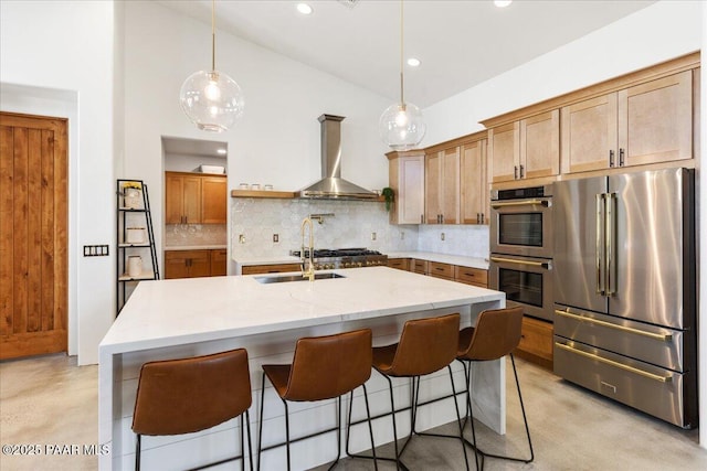 kitchen with wall chimney range hood, vaulted ceiling, a sink, decorative backsplash, and appliances with stainless steel finishes
