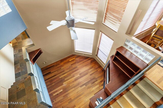 414 N Fitzmaurice Dr, Prescott, AZ 86303 - stairway with wood finished floors, a towering ceiling, and ceiling fan