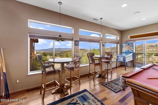 414 N Fitzmaurice Dr, Prescott, AZ 86303 - interior space featuring wood finished floors, a mountain view, billiards, baseboards, and recessed lighting