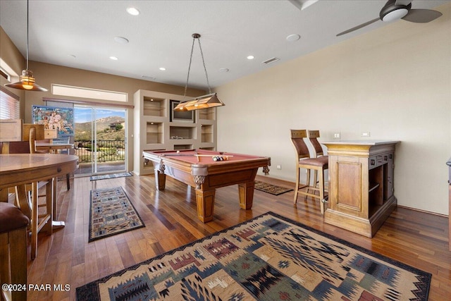 414 N Fitzmaurice Dr, Prescott, AZ 86303 - recreation room with recessed lighting, hardwood / wood-style flooring, visible vents, a ceiling fan, and billiards