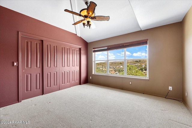 414 N Fitzmaurice Dr, Prescott, AZ 86303 - unfurnished bedroom featuring a closet, carpet flooring, vaulted ceiling, and a ceiling fan