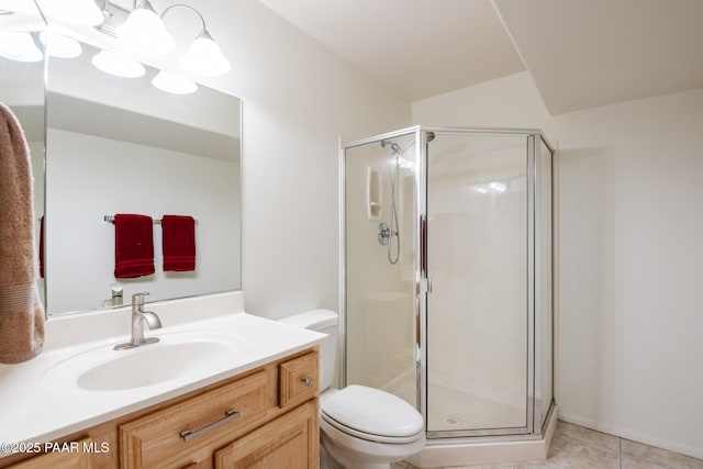 596 N Mohave Trl, Dewey-Humboldt, AZ 86327 - bathroom featuring toilet, a stall shower, vanity, and tile patterned floors