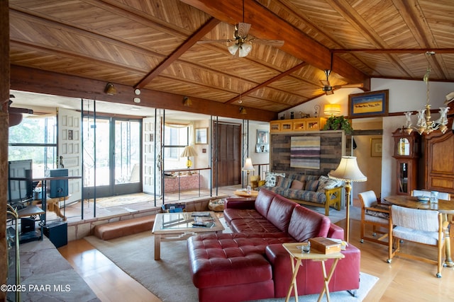 55409 Madre Cir, Seligman, AZ 86337 - living area featuring ceiling fan, wooden ceiling, and wood finished floors