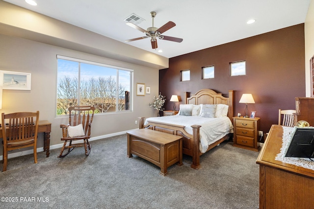 carpeted bedroom with ceiling fan