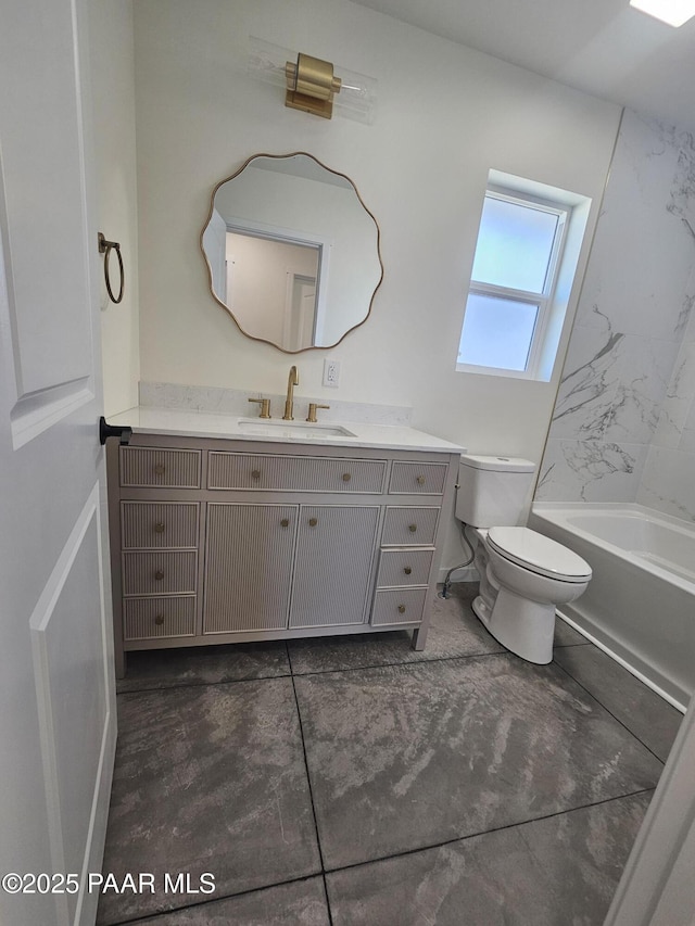 full bathroom with vanity,  shower combination, and toilet