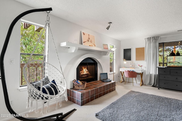2008 Forest Hills Rd, Prescott, AZ 86303 - living room with a textured ceiling, a fireplace, and carpet
