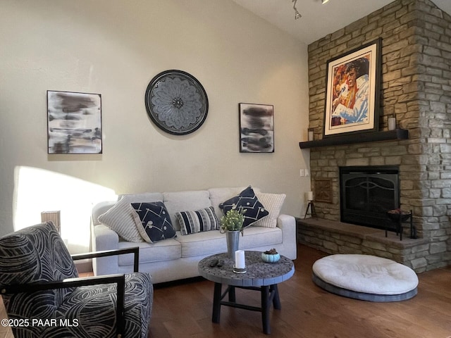 living room featuring wood finished floors, a fireplace, and vaulted ceiling