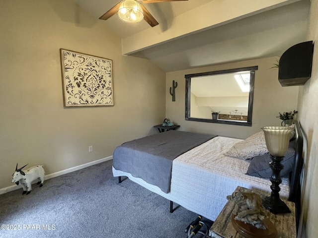 bedroom featuring baseboards, a ceiling fan, carpet, and vaulted ceiling