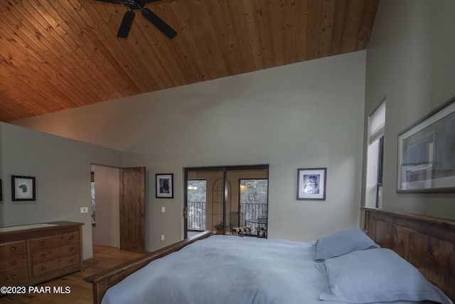 bedroom with high vaulted ceiling, access to exterior, wood finished floors, and wood ceiling