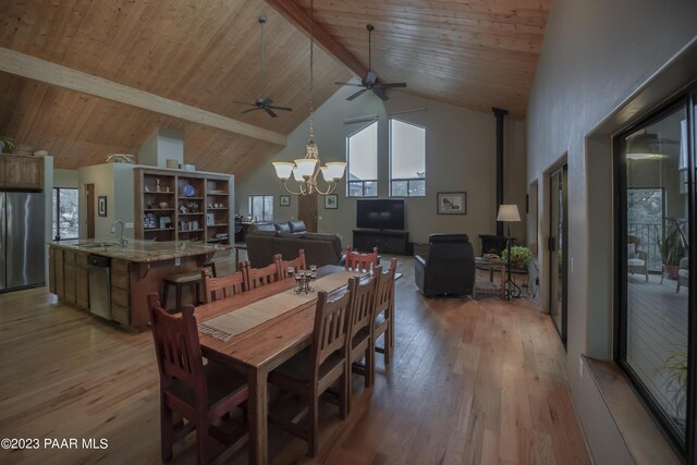 dining space featuring light wood-type flooring, wood ceiling, high vaulted ceiling, and ceiling fan with notable chandelier