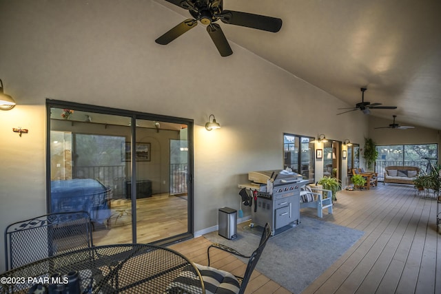 deck featuring outdoor dining space, a ceiling fan, an outdoor living space, and a grill