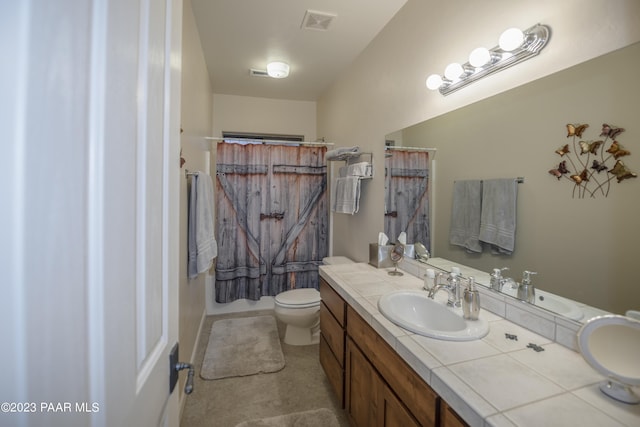 bathroom featuring visible vents, vanity, toilet, and a shower with curtain