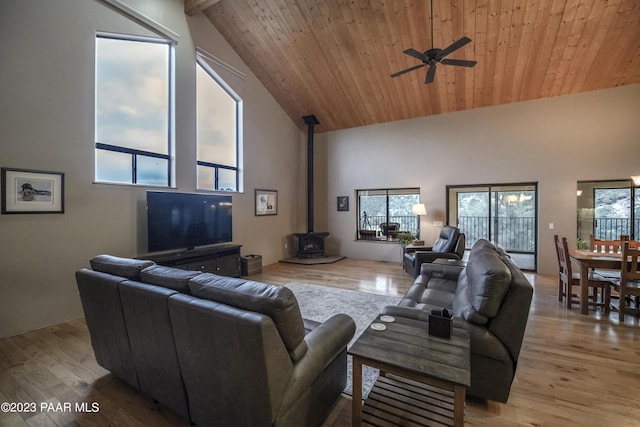 living room with a wood stove, wood finished floors, ceiling fan, and high vaulted ceiling