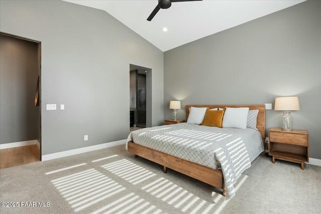 bedroom with lofted ceiling, carpet, and ceiling fan